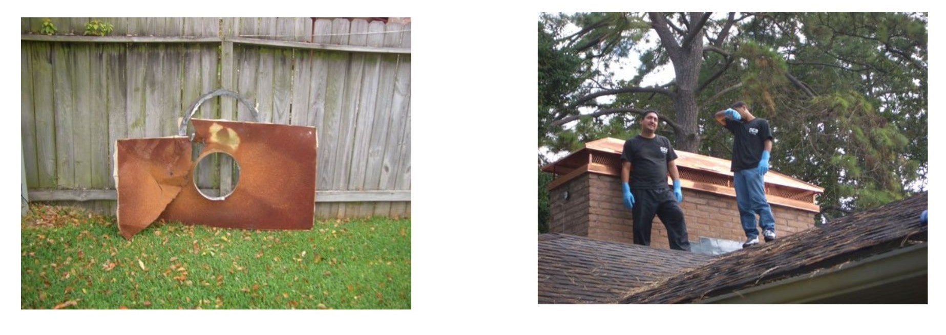 2 men on roof after installing new chimney cap. An old chimney cap is sitting against a fence.